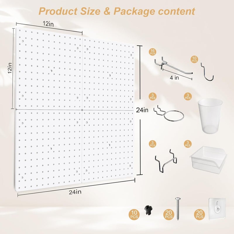 FZK Peg Board,36pcs Pegboard Kit, Includes 4 White Pegboard and Accessories,Plastic Peg Board,with Hooks Peg Board Wall Organizer for Office, Craft Room - Image 2